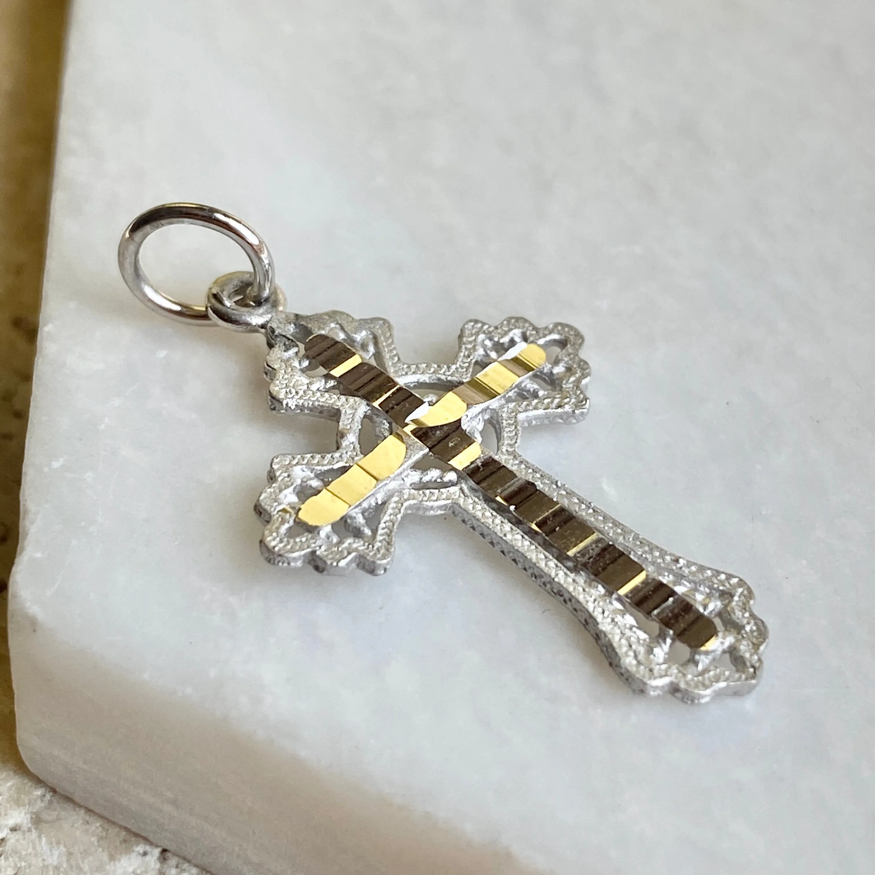 10KT White Gold Diamond-Cut Fancy Detailed Cross Pendant