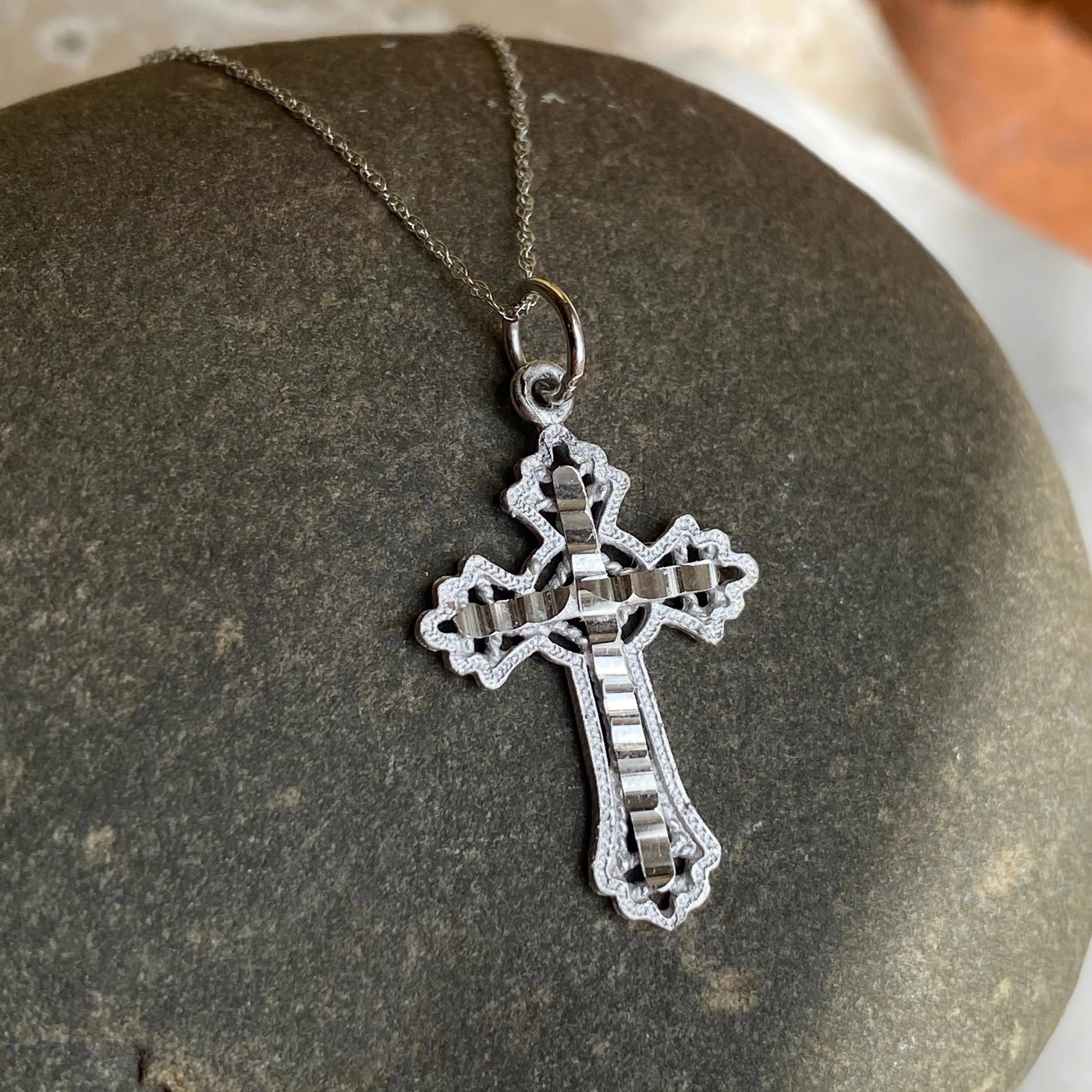 10KT White Gold Diamond-Cut Fancy Detailed Cross Pendant