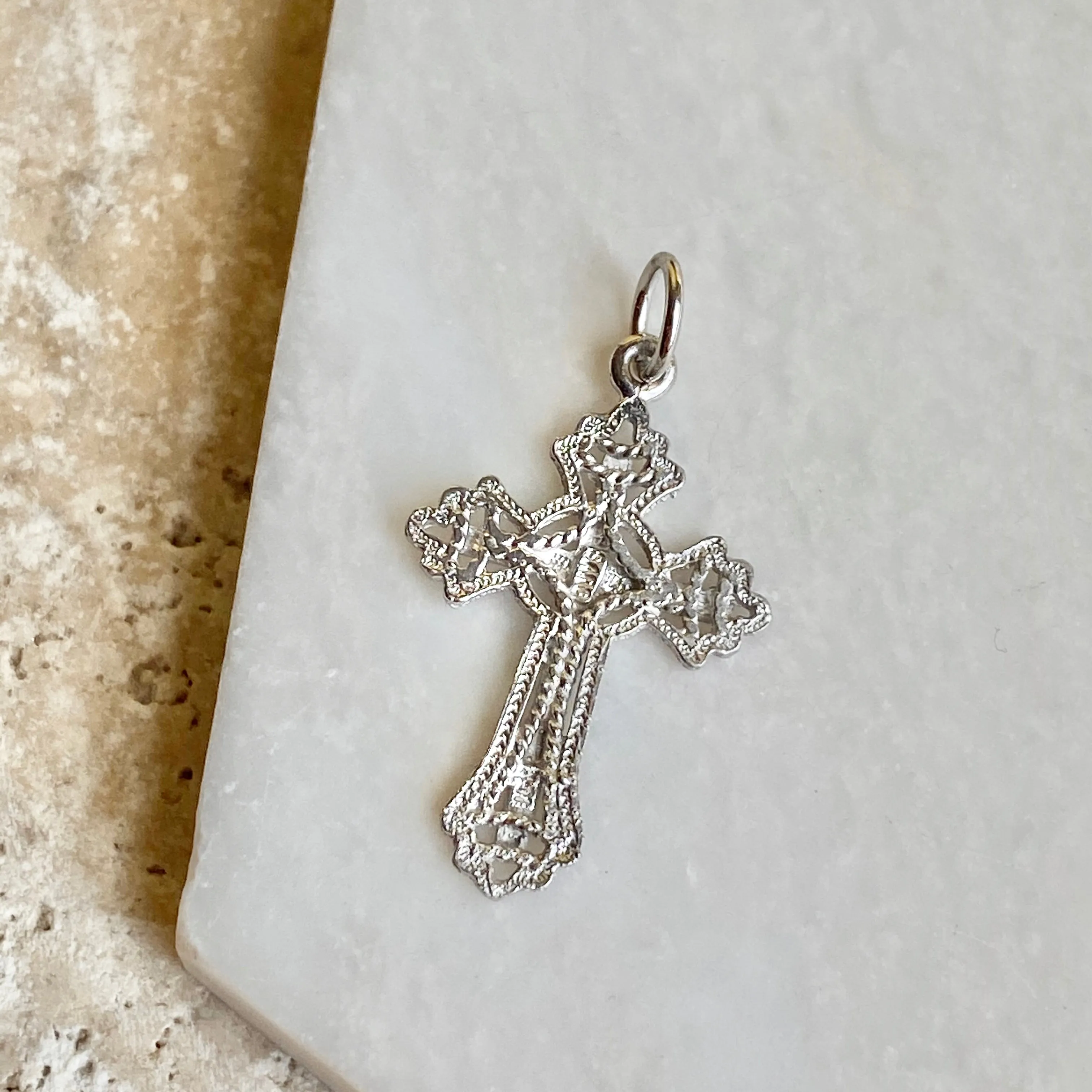 10KT White Gold Diamond-Cut Fancy Detailed Cross Pendant
