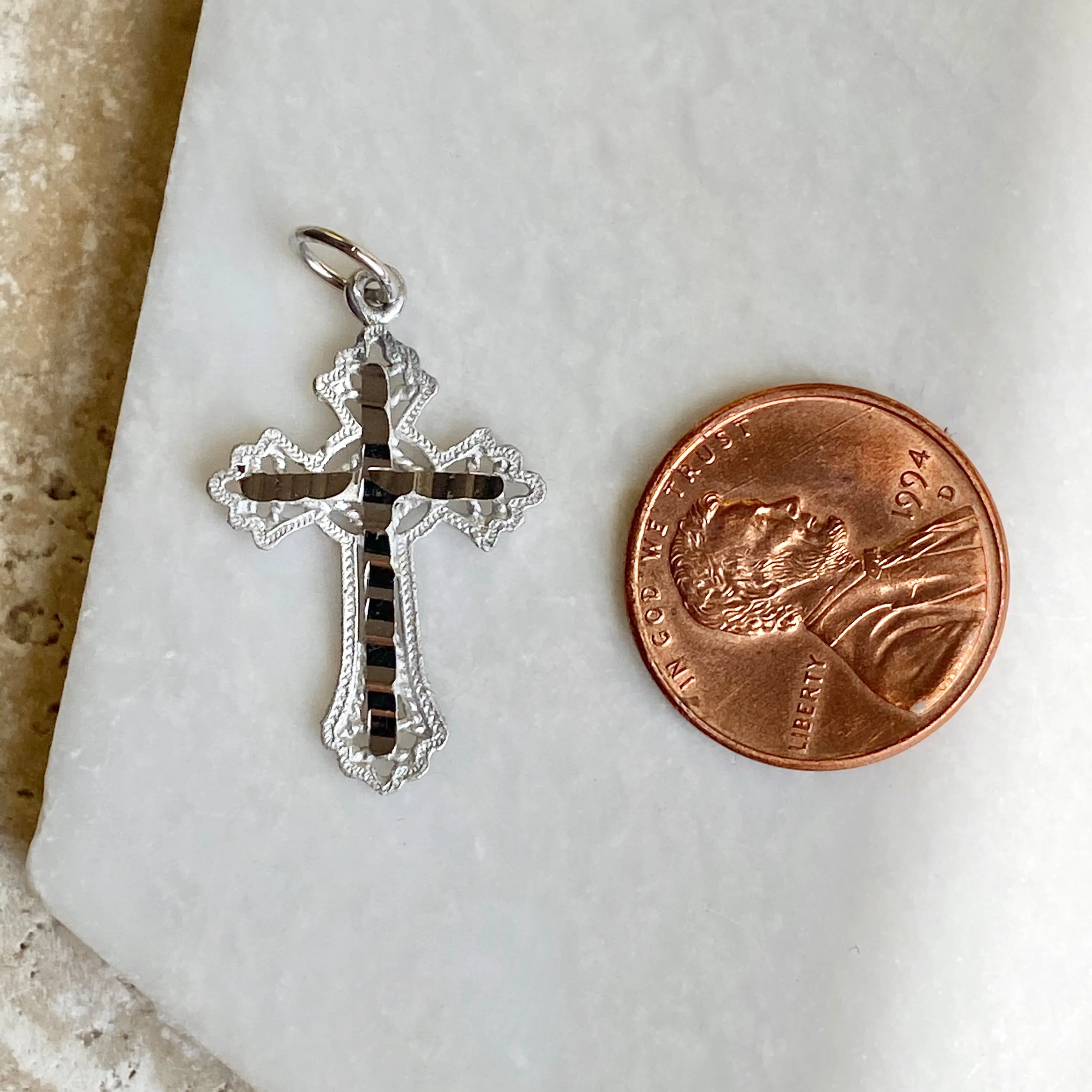 10KT White Gold Diamond-Cut Fancy Detailed Cross Pendant