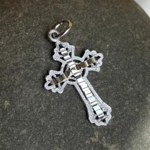 10KT White Gold Diamond-Cut Fancy Detailed Cross Pendant