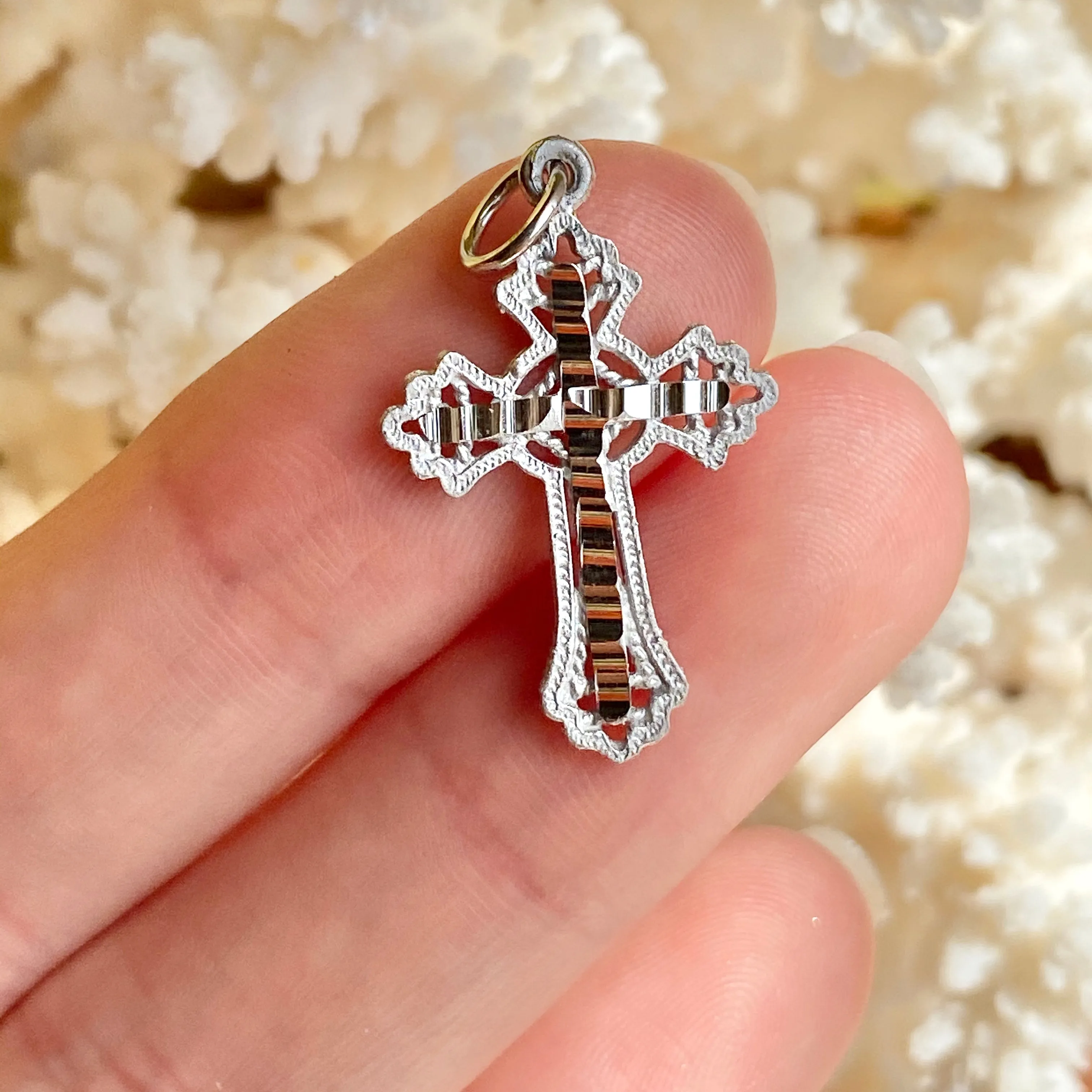 10KT White Gold Diamond-Cut Fancy Detailed Cross Pendant