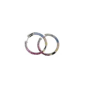 [1.2 inch] Zirconia Multicolor Hoop Earring (Silver)