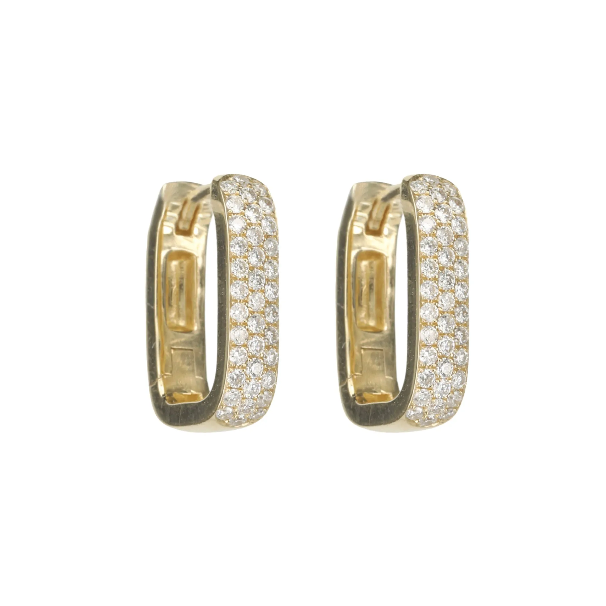 14 Karat Yellow Gold Pave Diamond Rectangle Mini Hoops