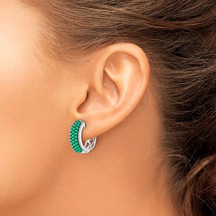 14K White Gold Diamond & Emerald Hoop Earrings