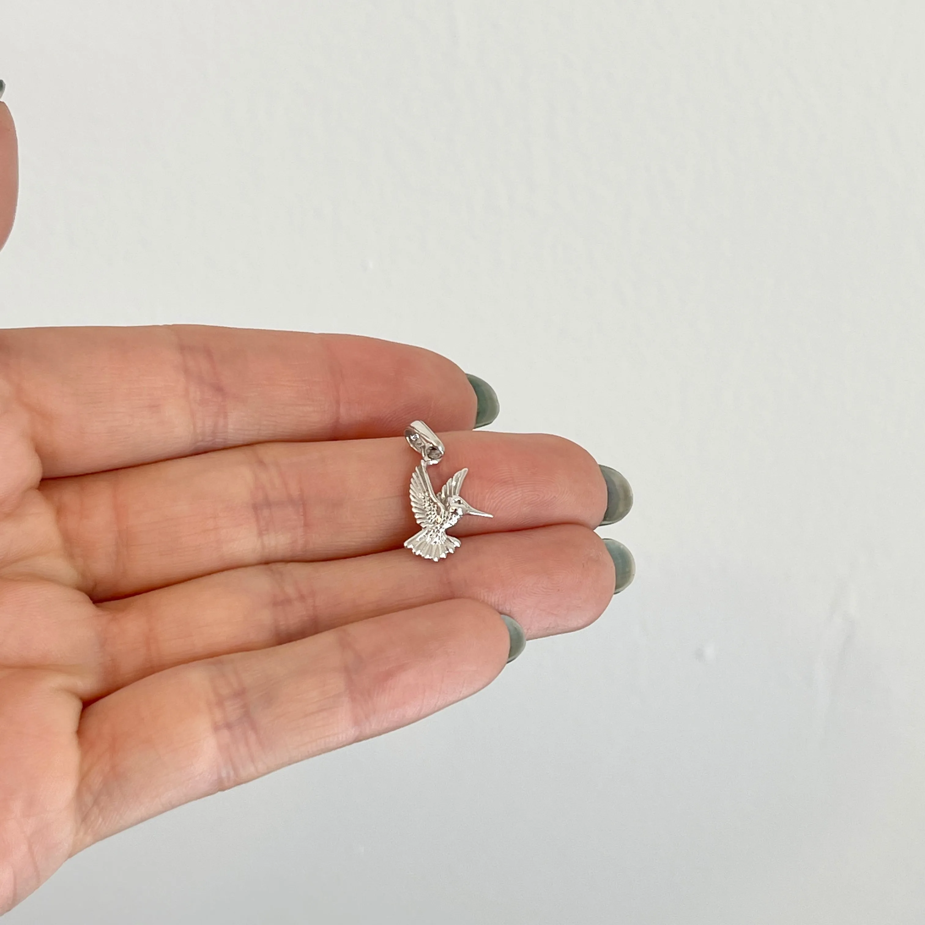 14KT White Gold Flying Detailed Hummingbird Pendant