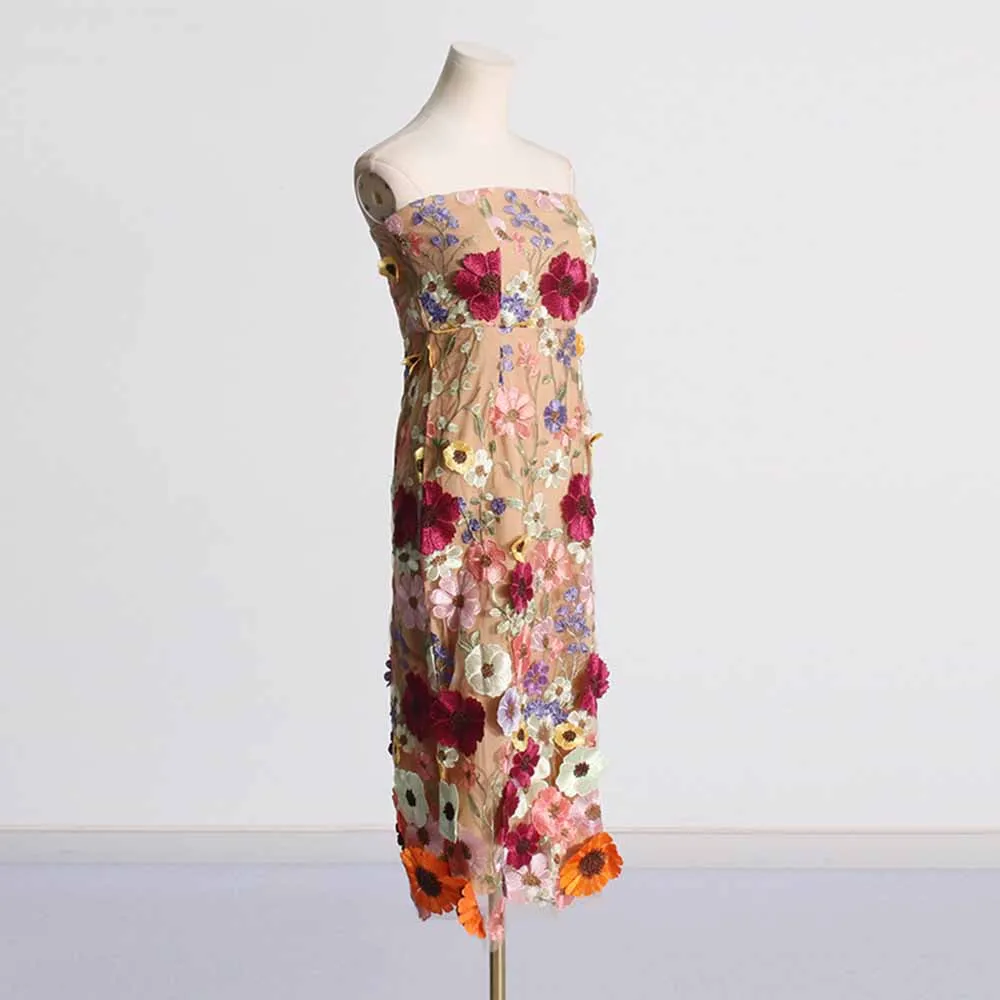 3D Floral Strapless Midi Dress