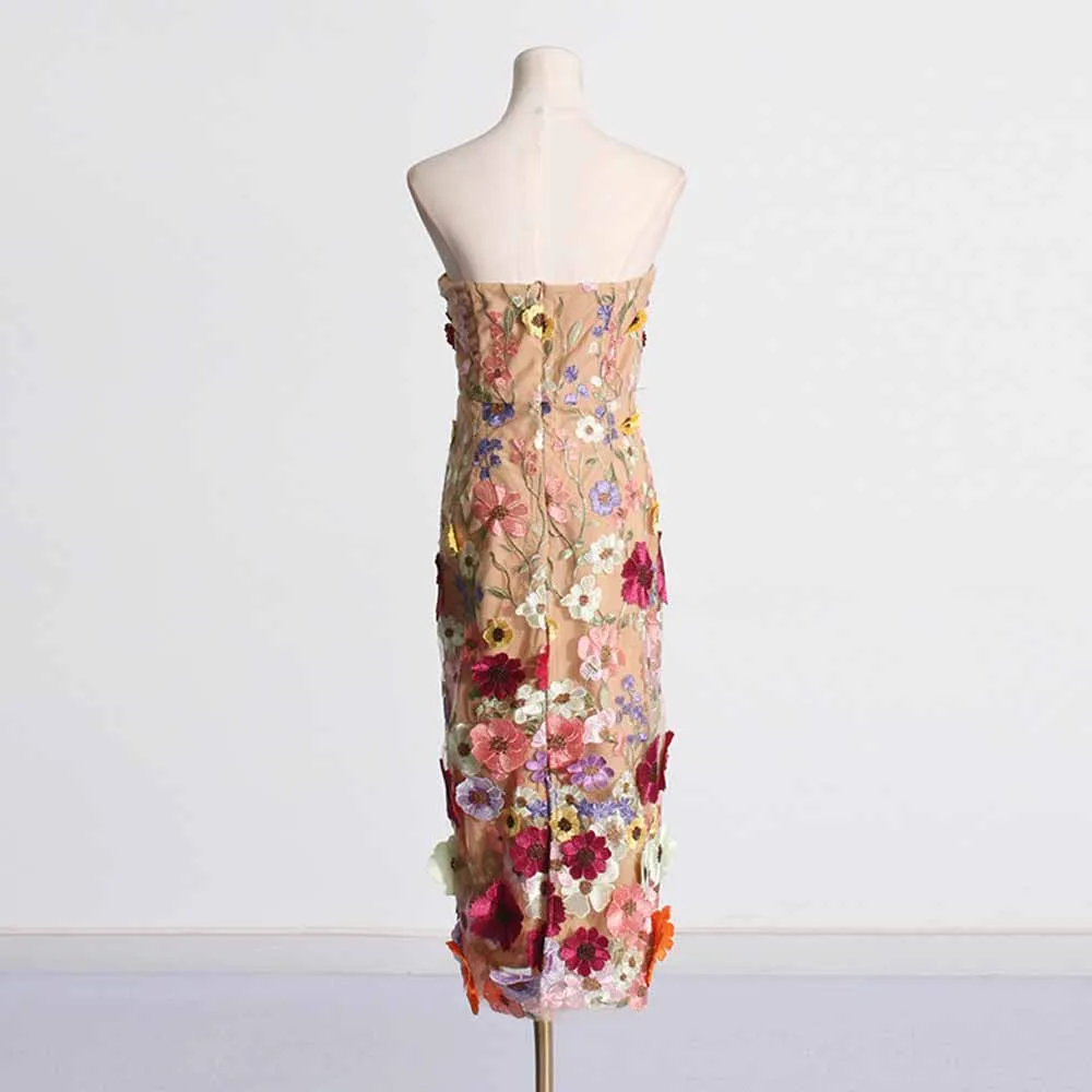 3D Floral Strapless Midi Dress