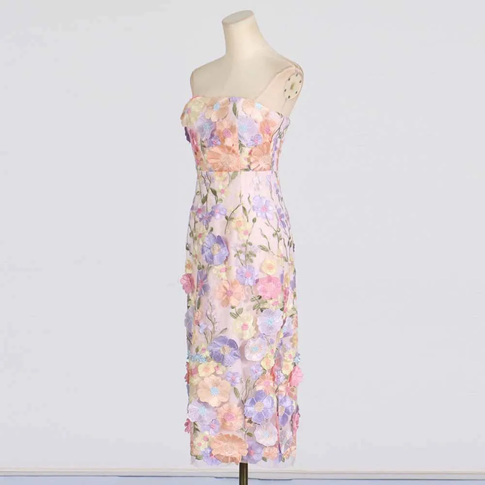 3D Floral Strapless Midi Dress