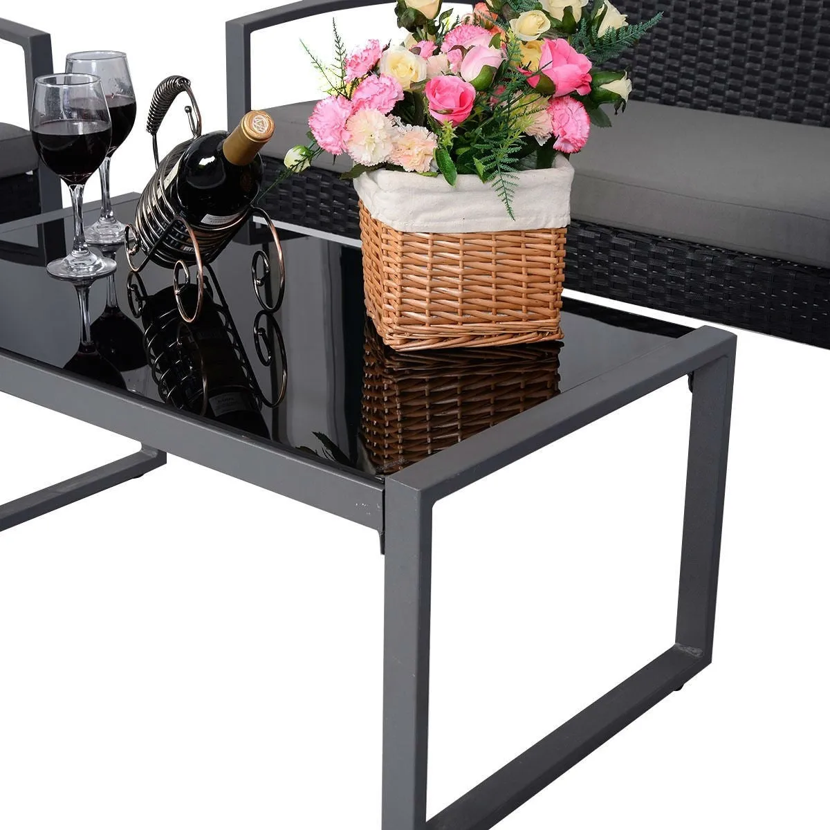4 Piece Black / Gray Complete Patio Rattan Set with Matching Table