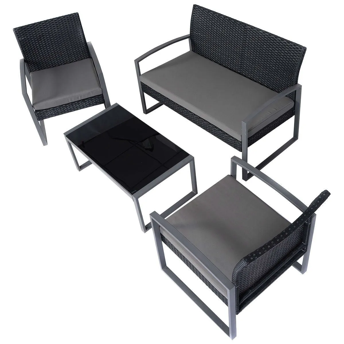 4 Piece Black / Gray Complete Patio Rattan Set with Matching Table
