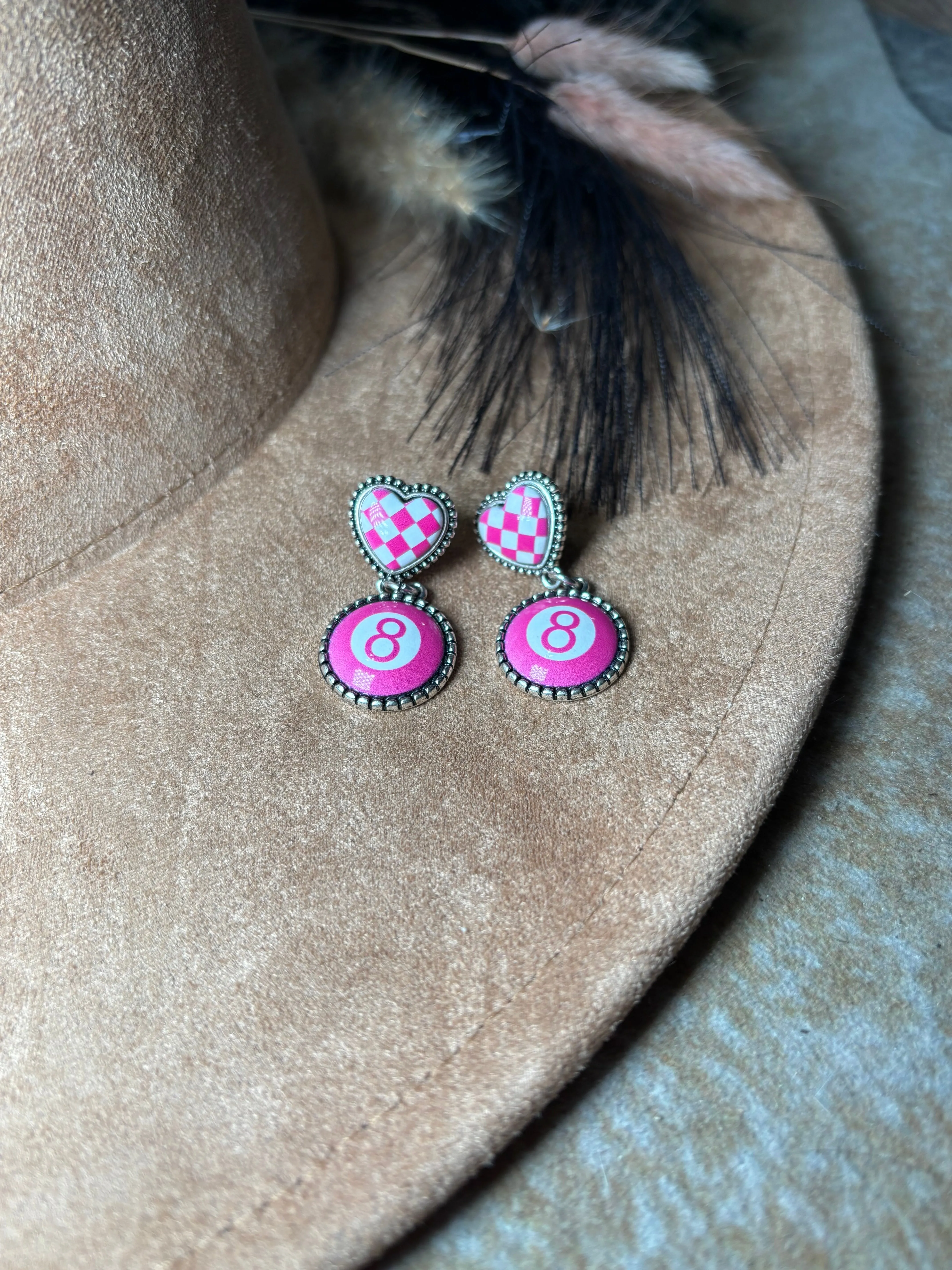 8 Ball Checker Dangle Earrings