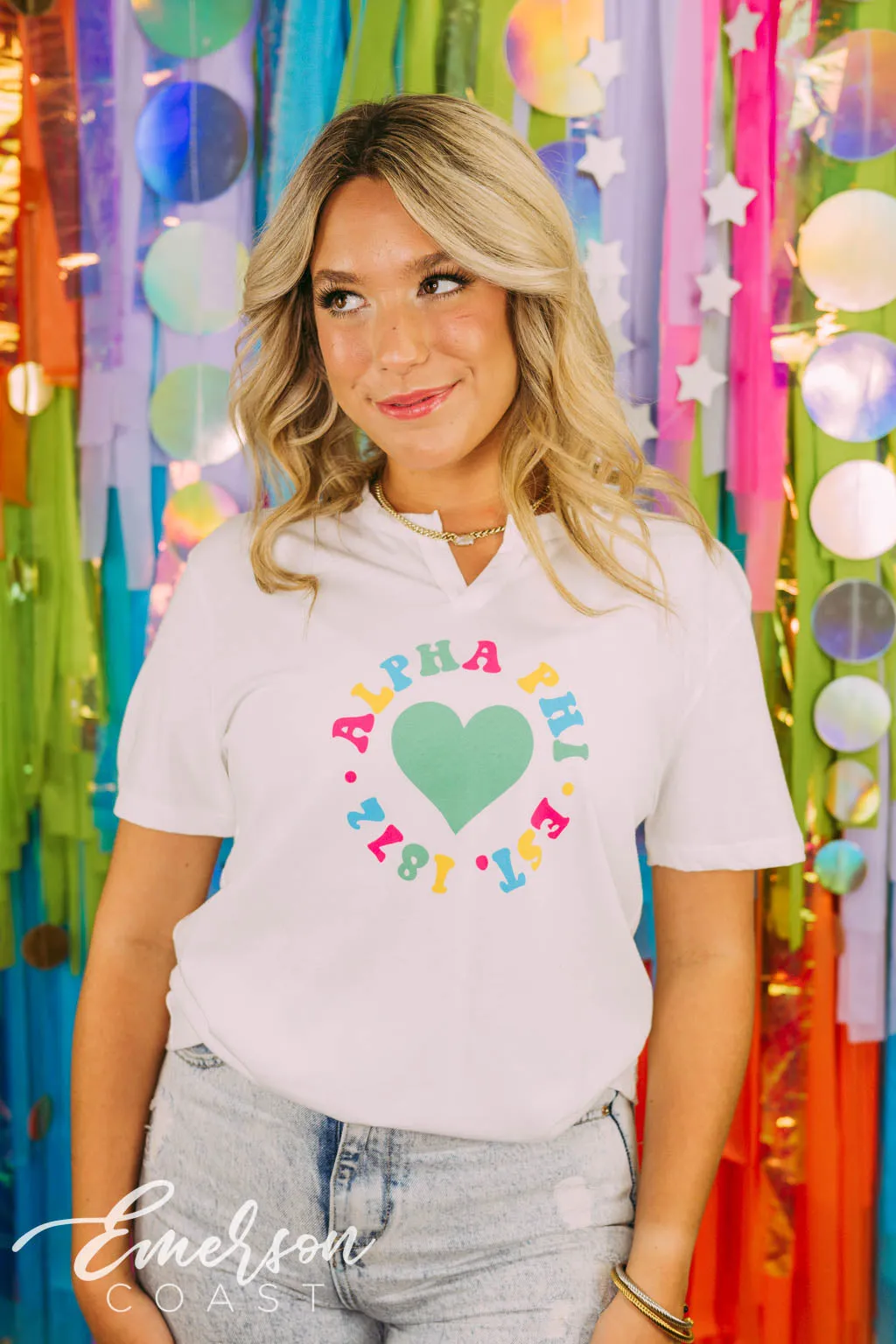 Alpha Phi Colorful Heart Notch Tee