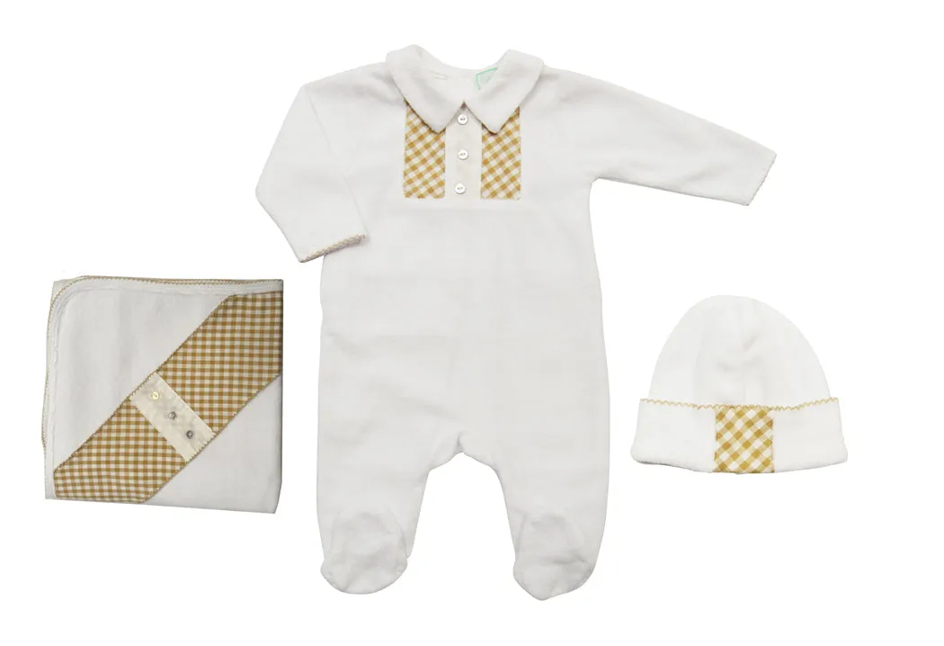 Baby Boy's White Velour with Ecru Checkered Set