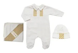 Baby Boy's White Velour with Ecru Checkered Set