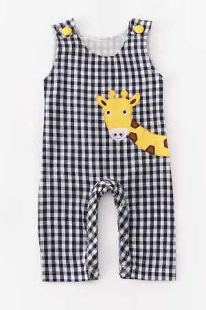 BLACK PLAID GIRAFFE APPLIQUE ROMPER