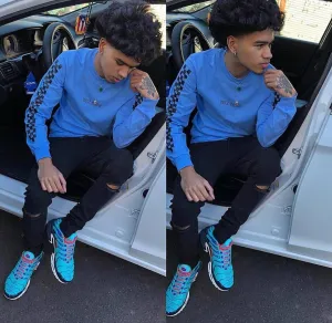 Black SA | Blue Long Sleeve Tee (Solid Checkered Drippin Sleeves)