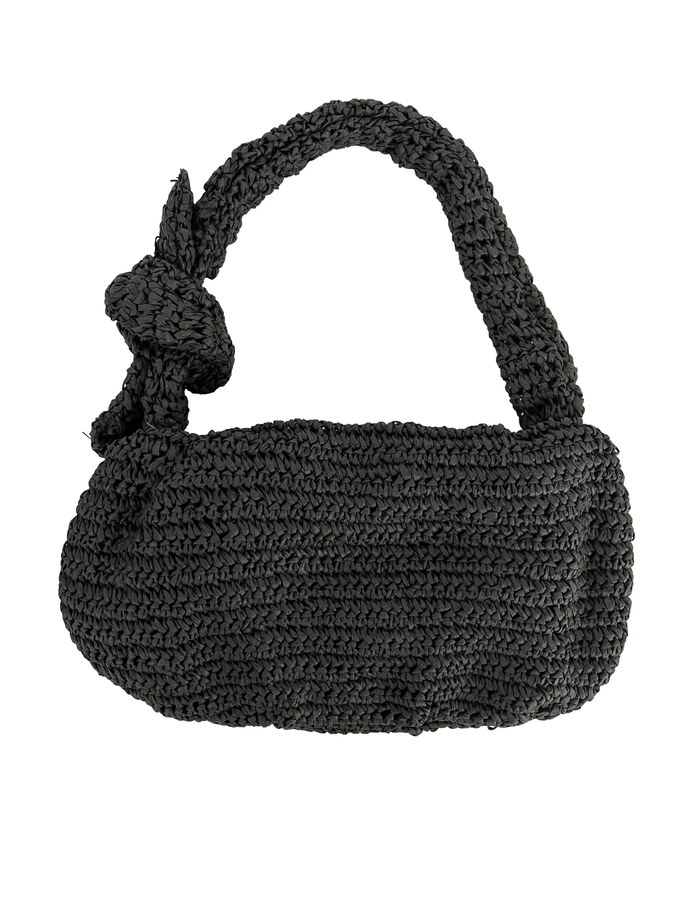 Black Sandy Straw Shoulder Bag With Knitted Handle
