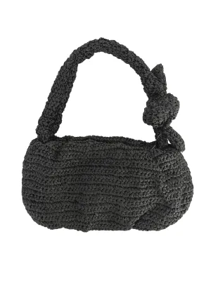 Black Sandy Straw Shoulder Bag With Knitted Handle