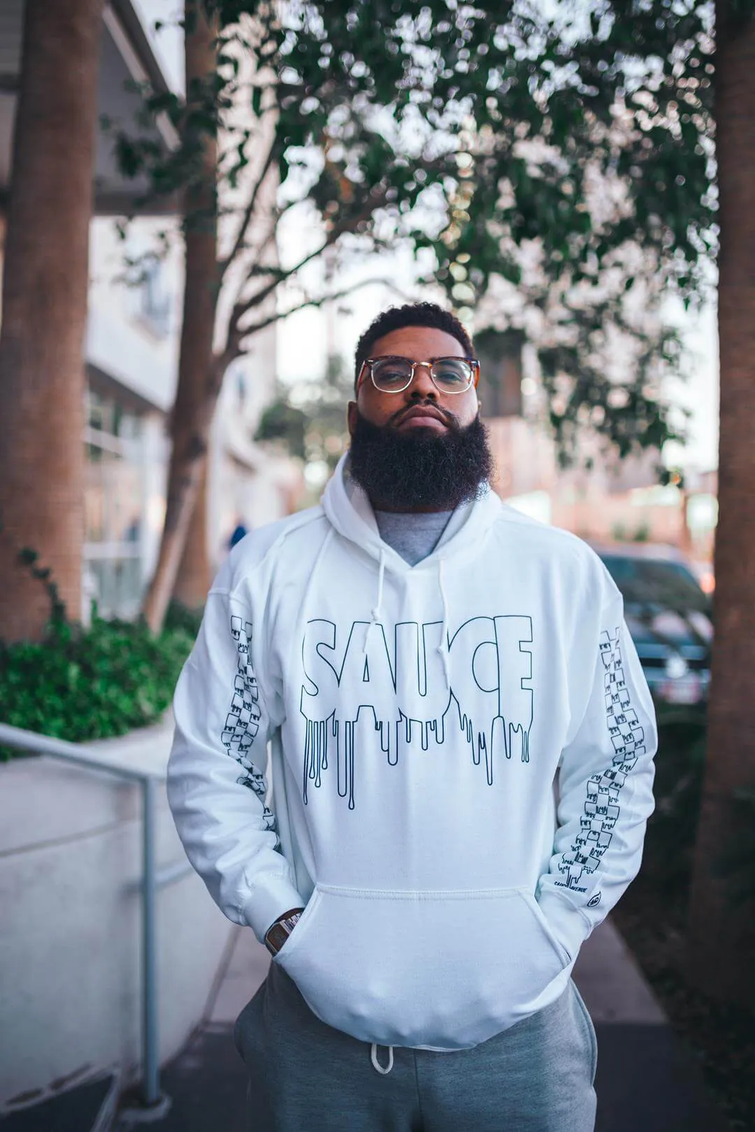 Black Sauce Outline | White Hoodie (Outline Checkered Drippin Sleeve)