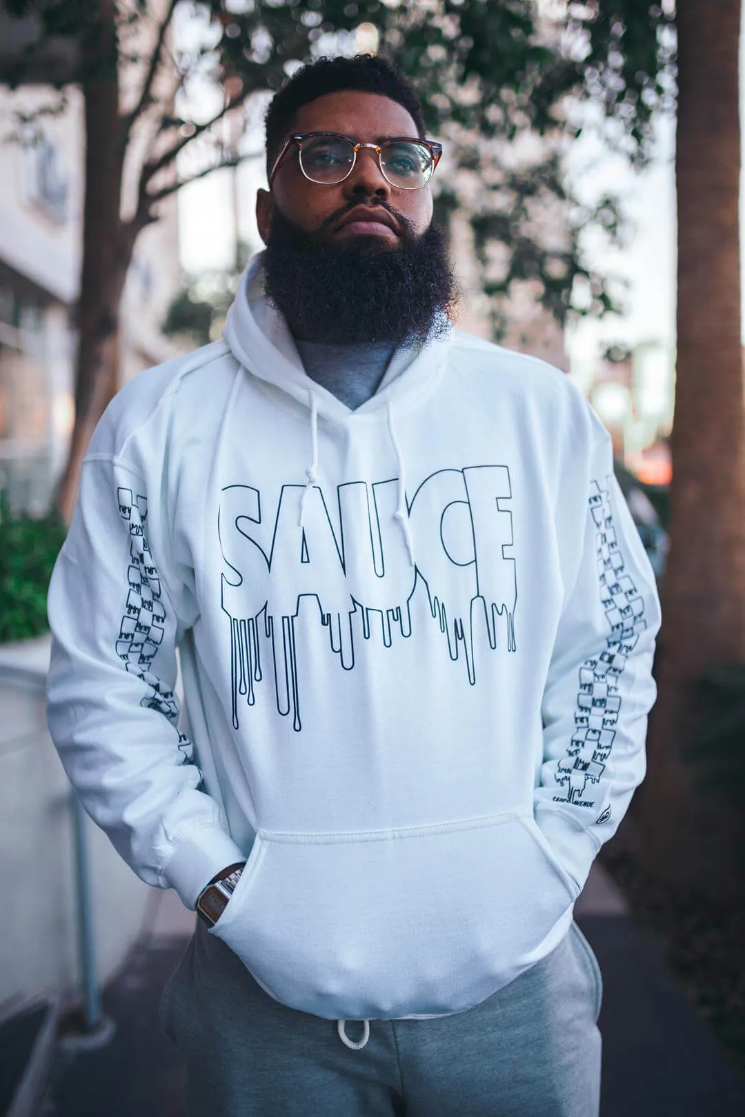 Black Sauce Outline | White Hoodie (Outline Checkered Drippin Sleeve)