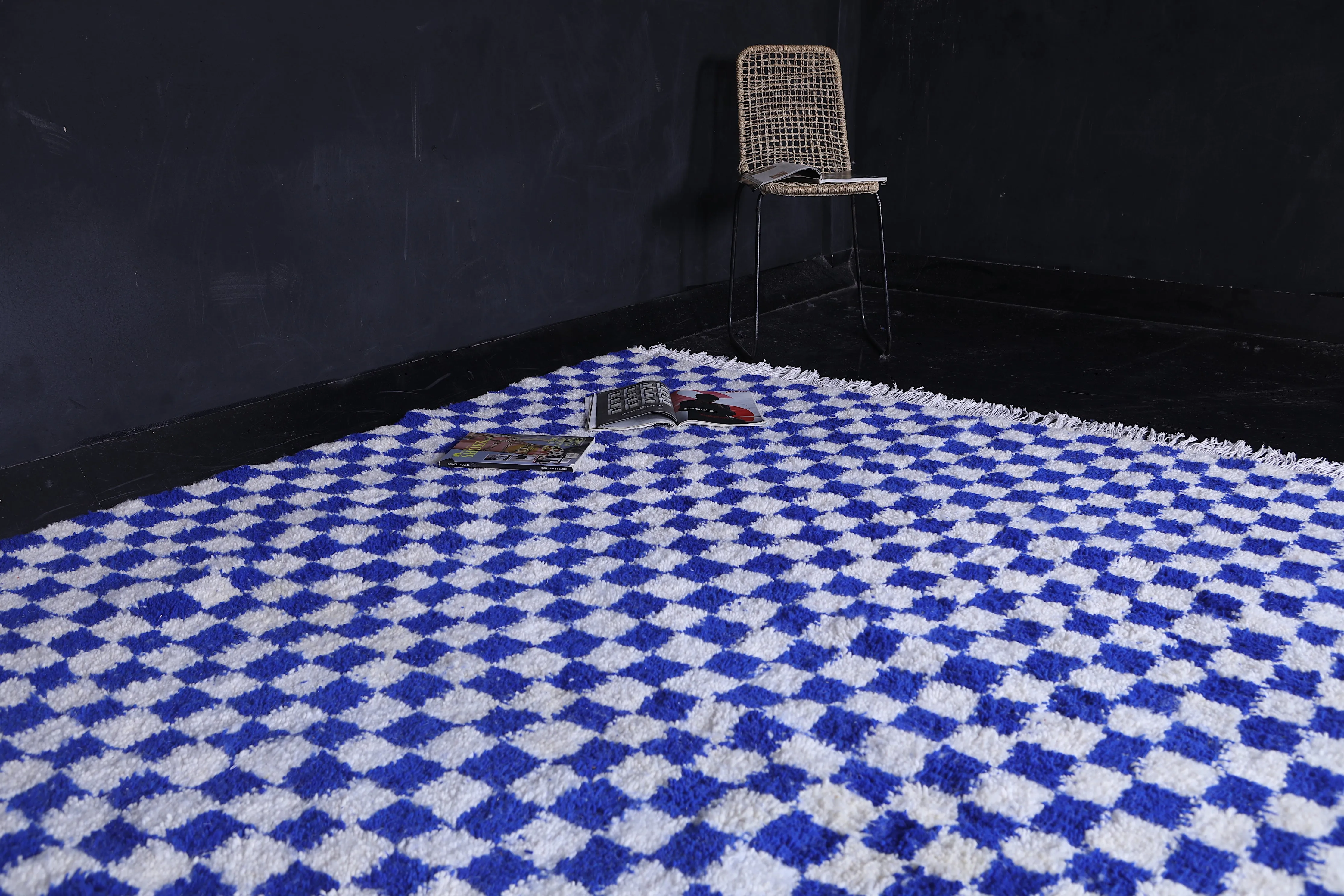 Blue and White Custom Checkered  rug - Handmade moroccan berber carpet