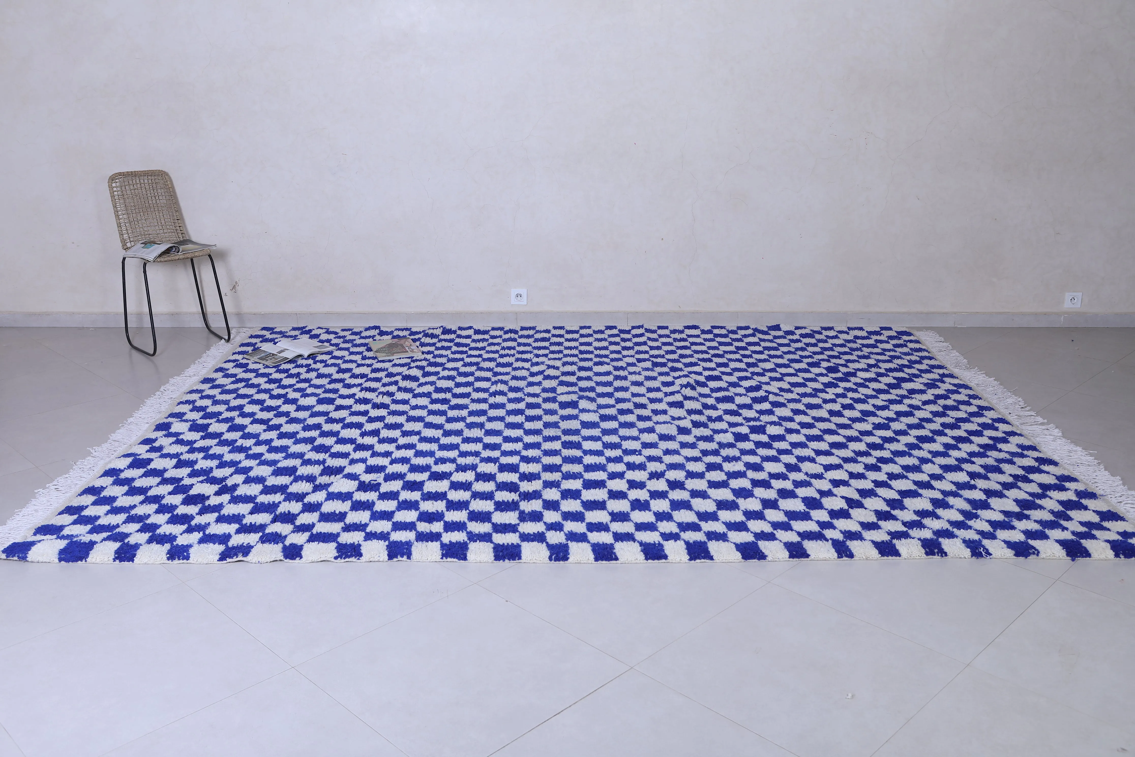 Blue and White Custom Checkered  rug - Handmade moroccan berber carpet