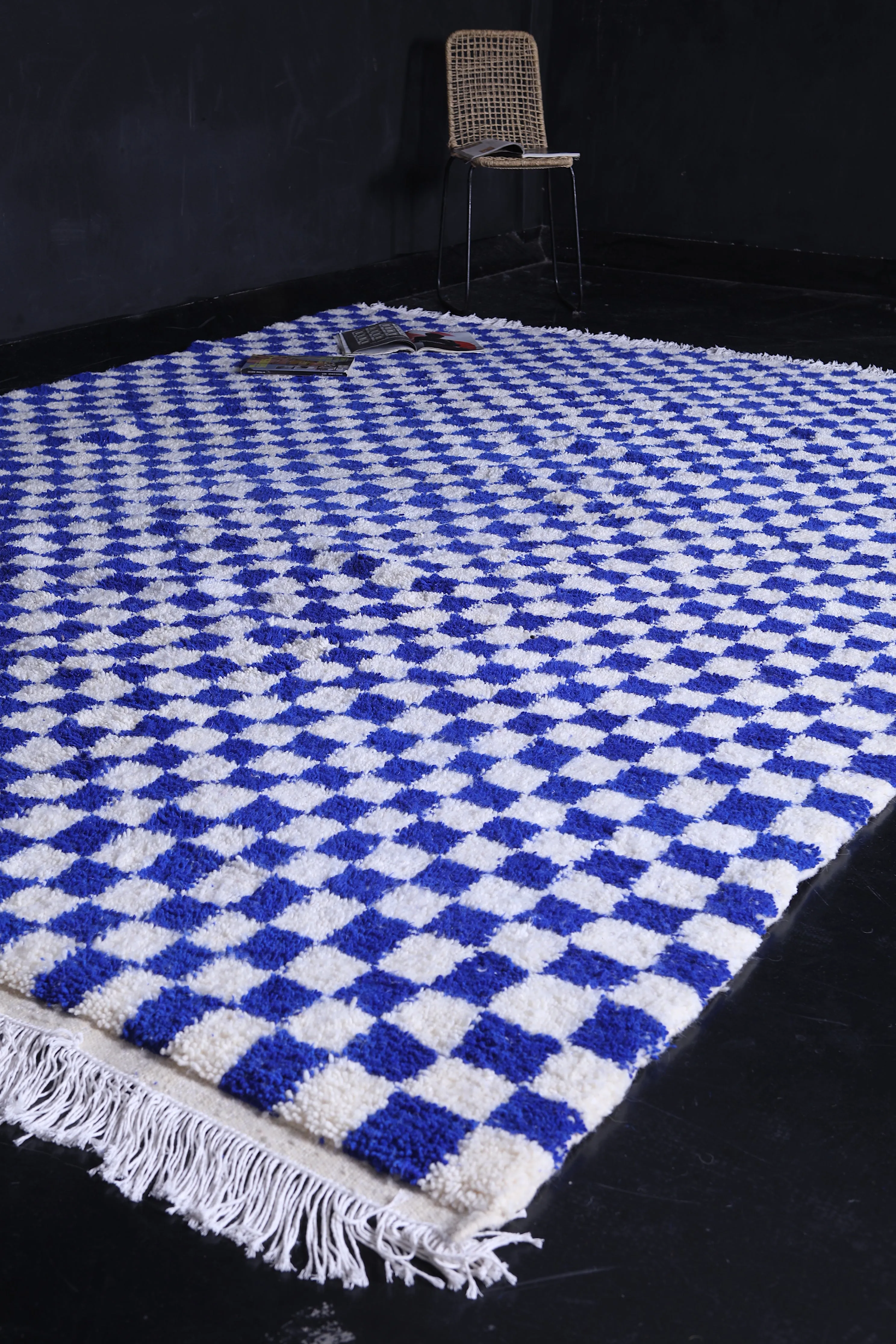 Blue and White Custom Checkered  rug - Handmade moroccan berber carpet