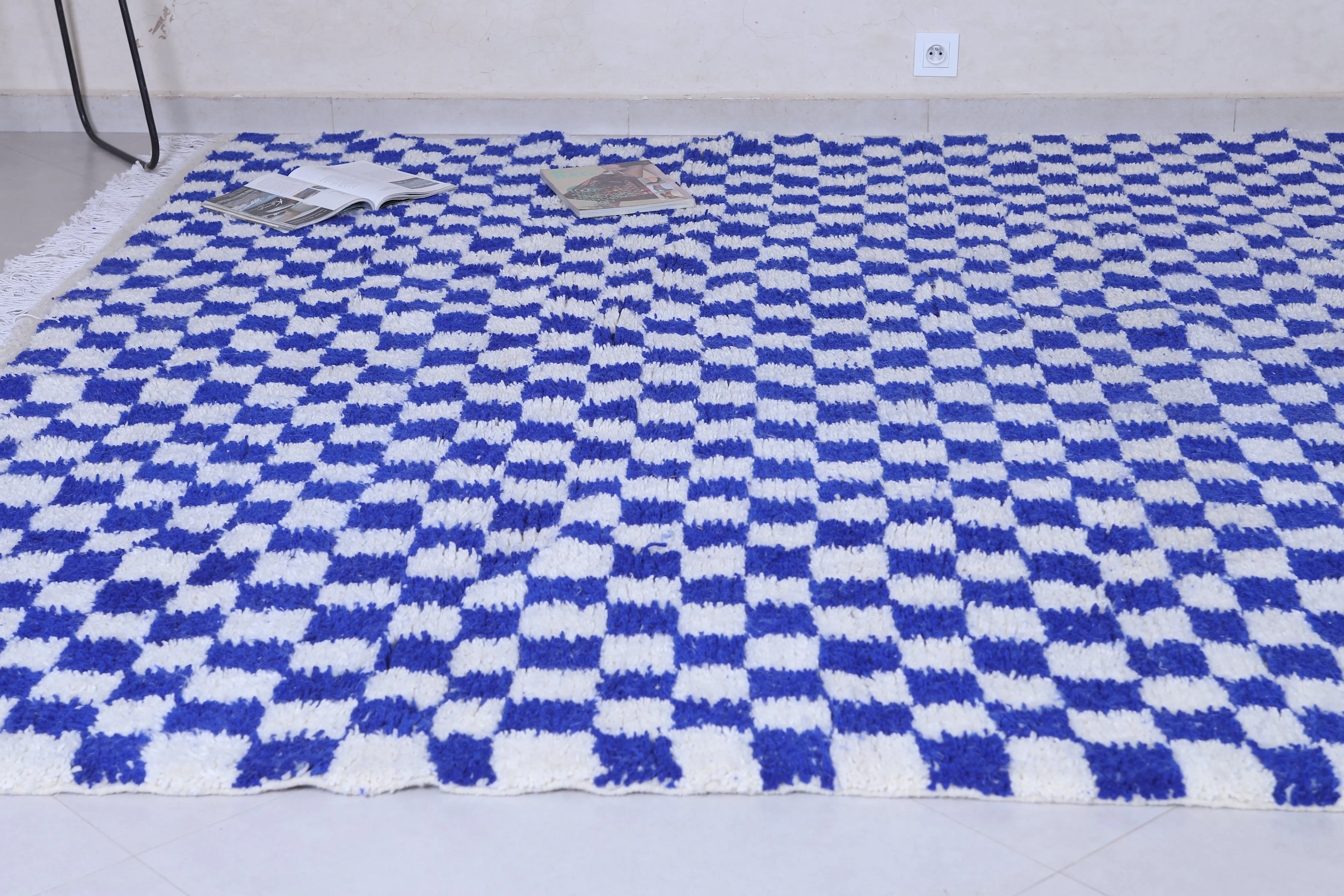 Blue and White Custom Checkered  rug - Handmade moroccan berber carpet