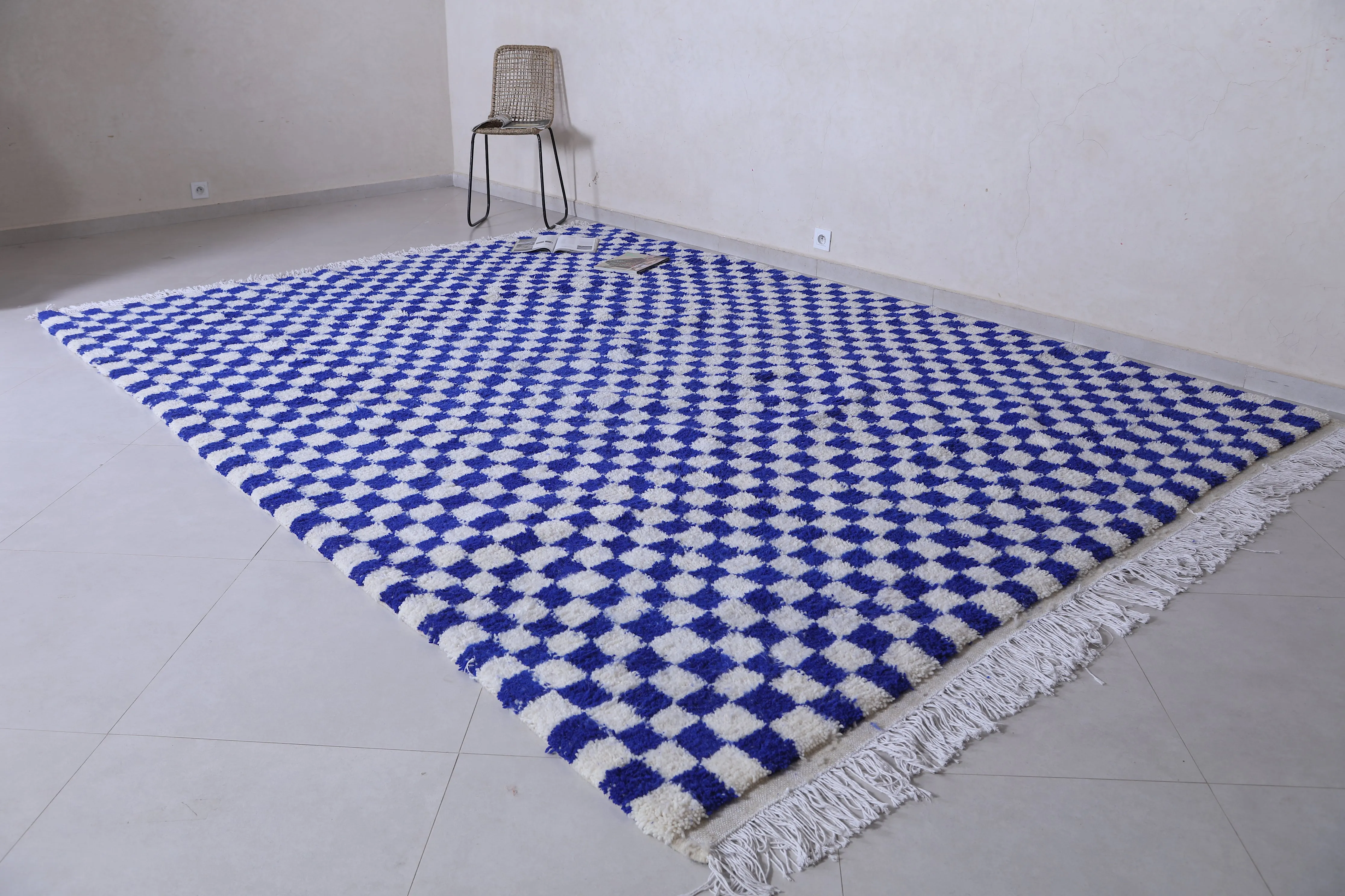 Blue and White Custom Checkered  rug - Handmade moroccan berber carpet