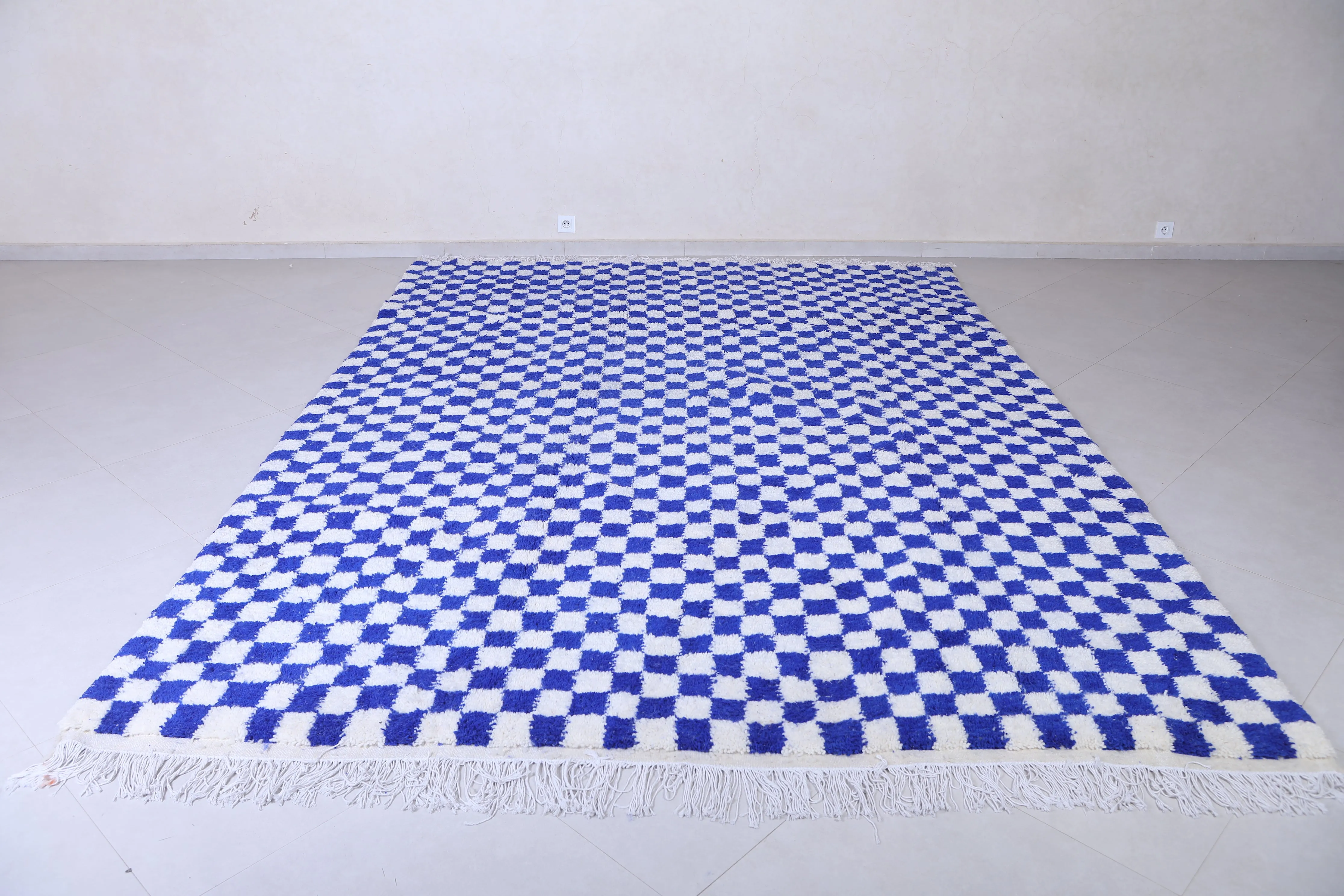 Blue and White Custom Checkered  rug - Handmade moroccan berber carpet