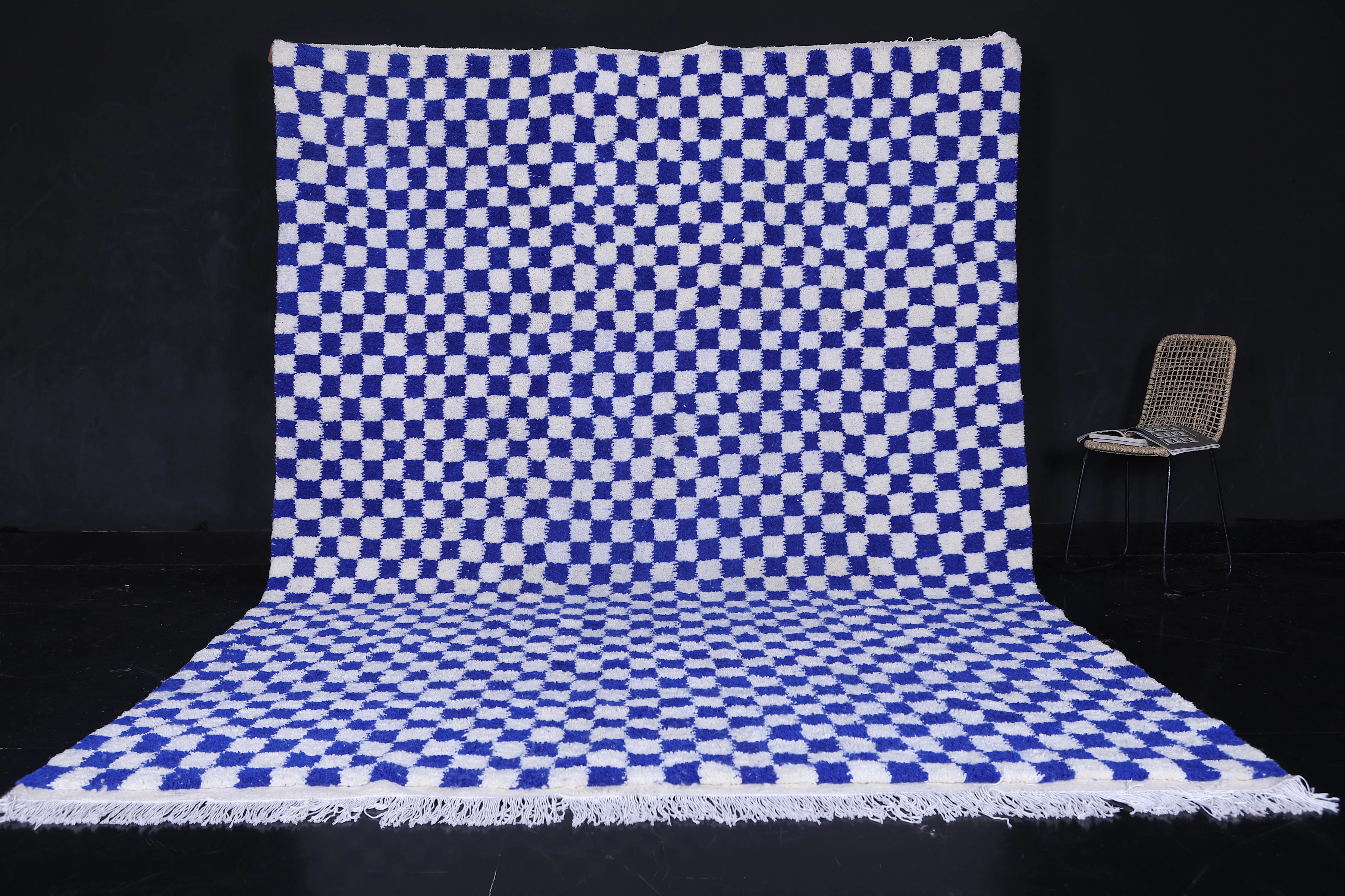 Blue and White Custom Checkered  rug - Handmade moroccan berber carpet