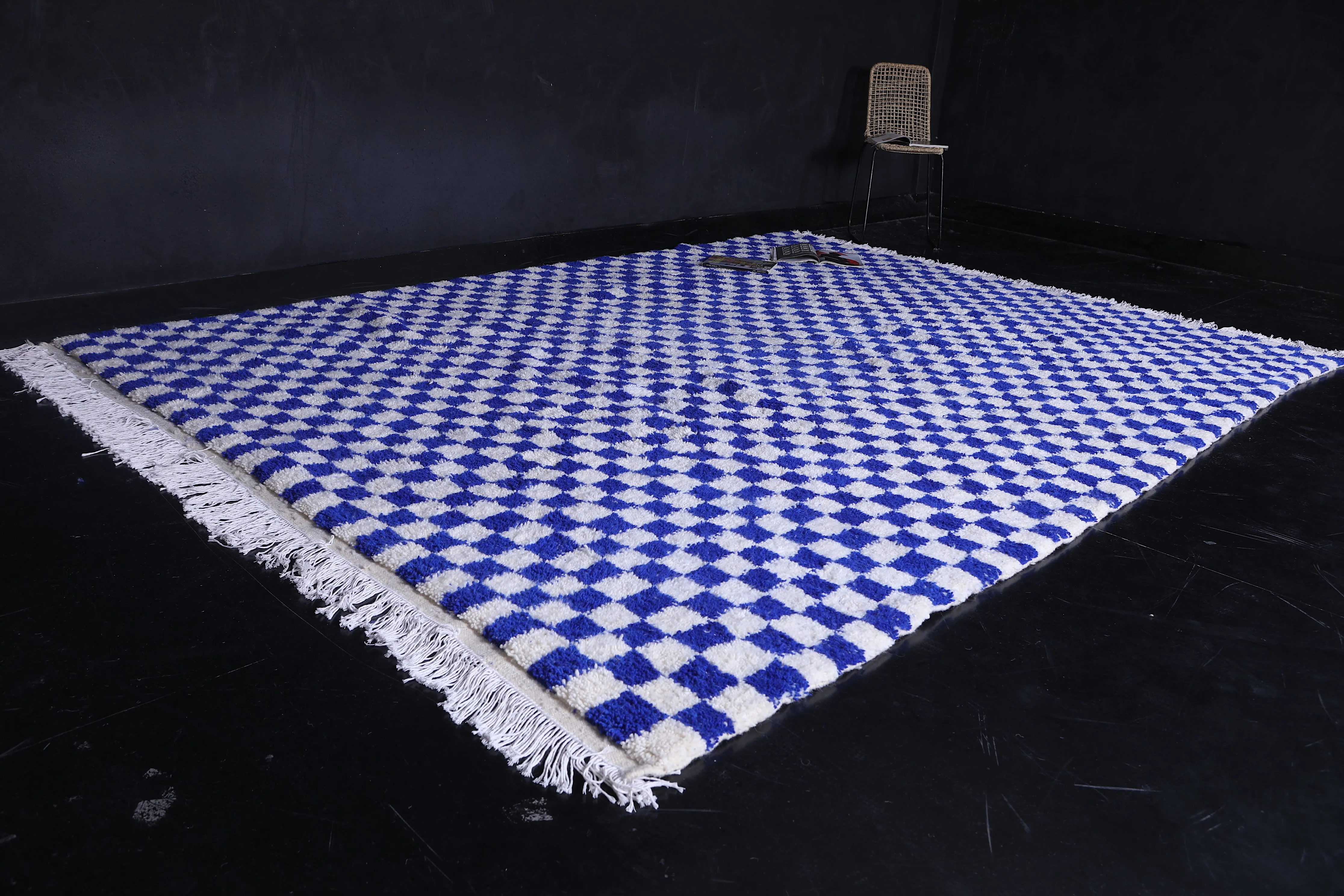 Blue and White Custom Checkered  rug - Handmade moroccan berber carpet