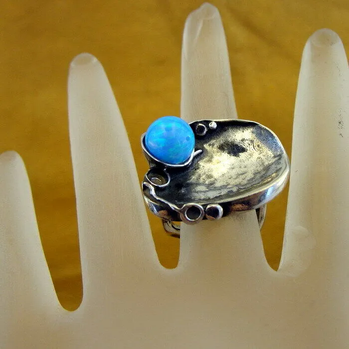 Blue Opal Ring 925 Sterling Silver size 6.5, 7 Handmade  Hadar Designers (H) SALE