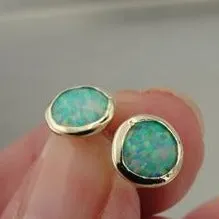 Blue Opal Stud Earrings 9k Gold 8mm Round Handmade Hadar Designers (I e