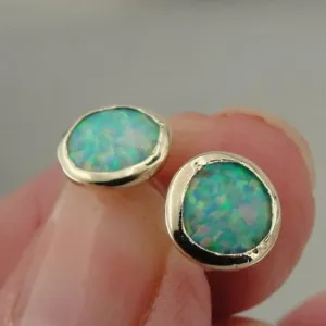 Blue Opal Stud Earrings 9k Gold 8mm Round Handmade Hadar Designers (I e
