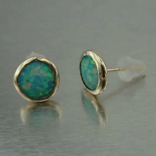Blue Opal Stud Earrings 9k Gold 8mm Round Handmade Hadar Designers (I e