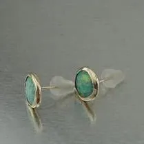 Blue Opal Stud Earrings 9k Gold 8mm Round Handmade Hadar Designers (I e
