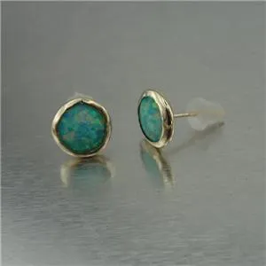 Blue Opal Stud Earrings 9k Gold 8mm Round Handmade Hadar Designers (I e