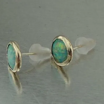 Blue Opal Stud Earrings 9k Gold 8mm Round Handmade Hadar Designers (I e