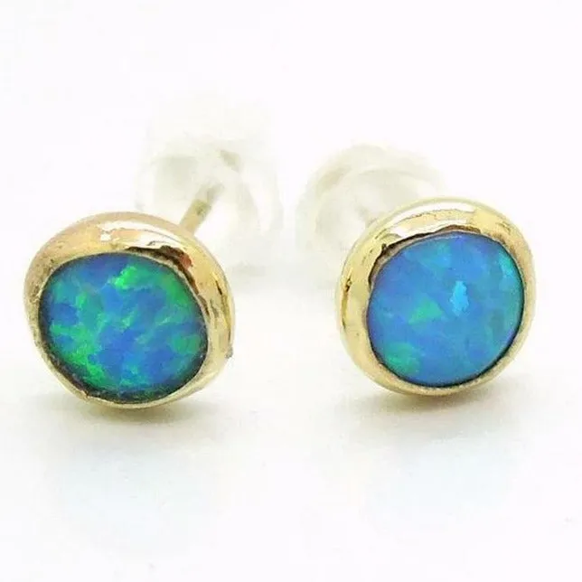 Blue Opal Stud Earrings 9k Gold 8mm Round Handmade Hadar Designers (I e