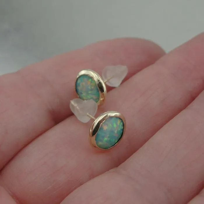 Blue Opal Stud Earrings 9k Gold 8mm Round Handmade Hadar Designers (I e