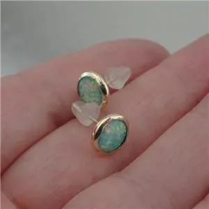 Blue Opal Stud Earrings 9k Gold 8mm Round Handmade Hadar Designers (I e