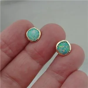 Blue Opal Stud Earrings 9k Gold 8mm Round Handmade Hadar Designers (I e