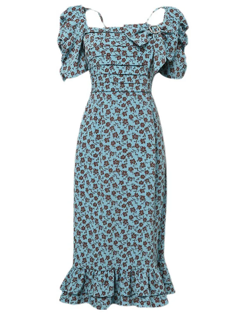 Blue Vintage Puff Sleeve Ruffled Floral Print Bow Summer Dress