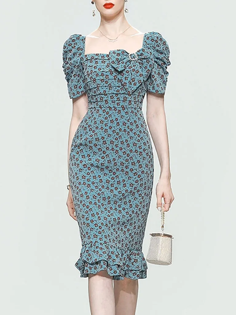 Blue Vintage Puff Sleeve Ruffled Floral Print Bow Summer Dress