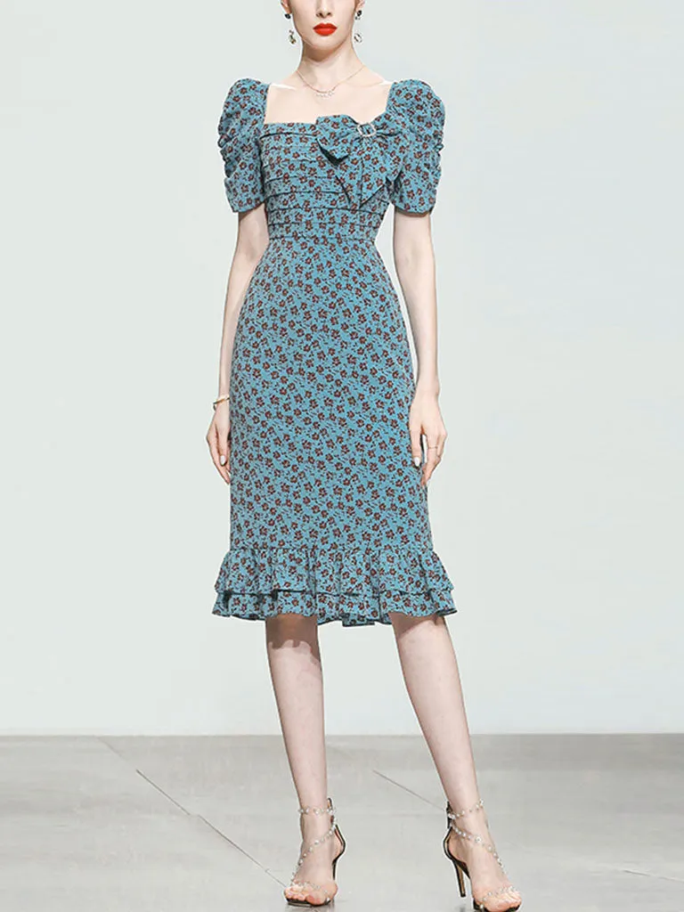 Blue Vintage Puff Sleeve Ruffled Floral Print Bow Summer Dress