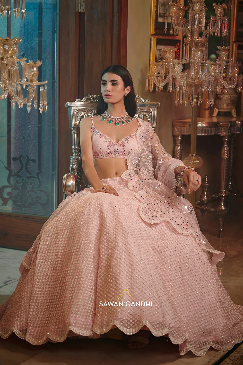 Blush pink checkered lehenga