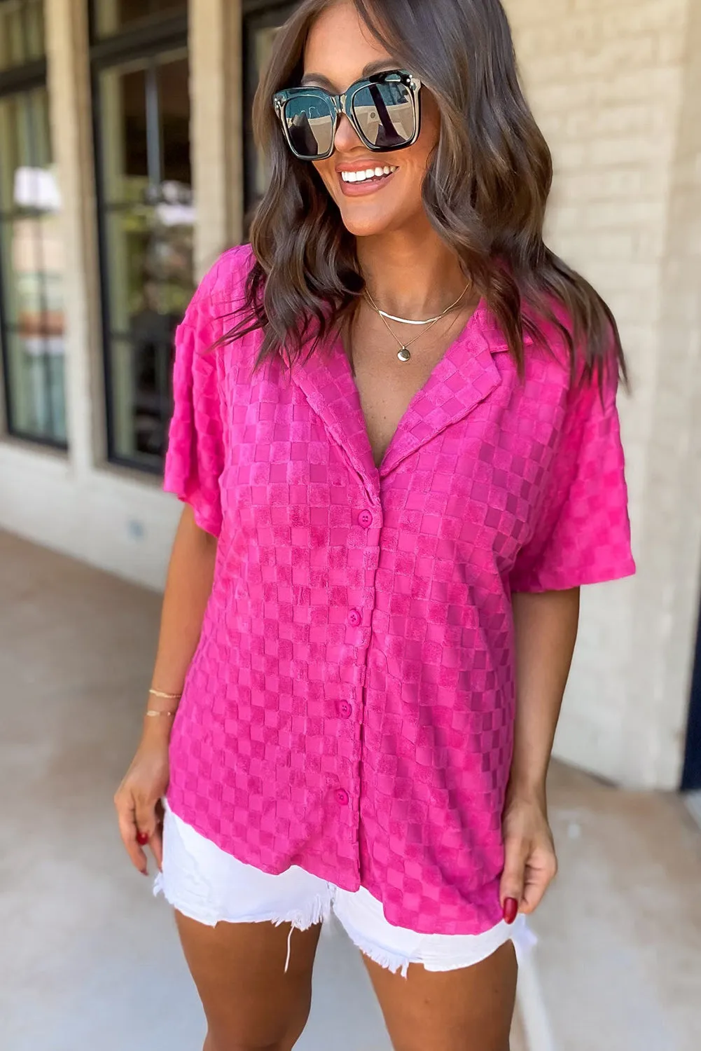 Bright Pink Lapel Neck Checkered Textured Shirt