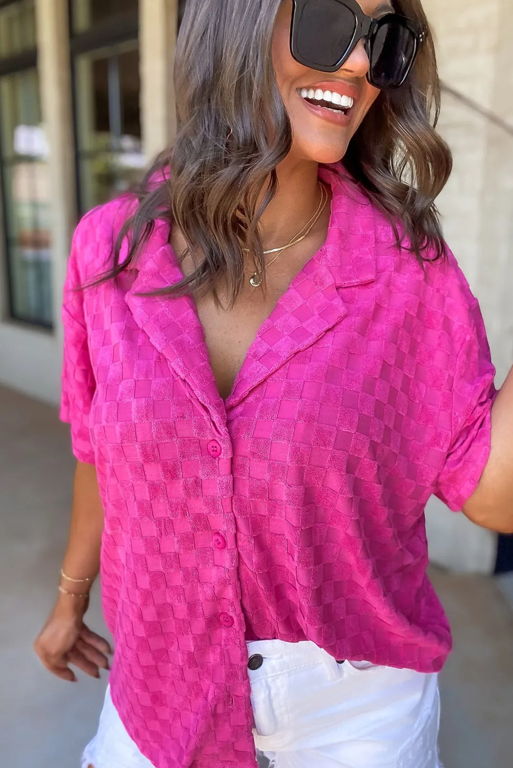 Bright Pink Lapel Neck Checkered Textured Shirt